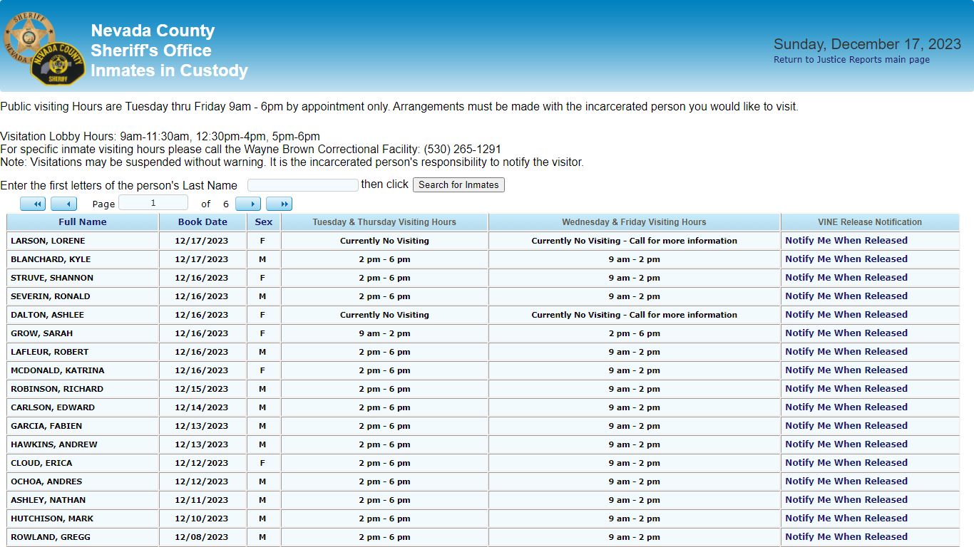 Inmates in Custody - County of Nevada Public Reporting